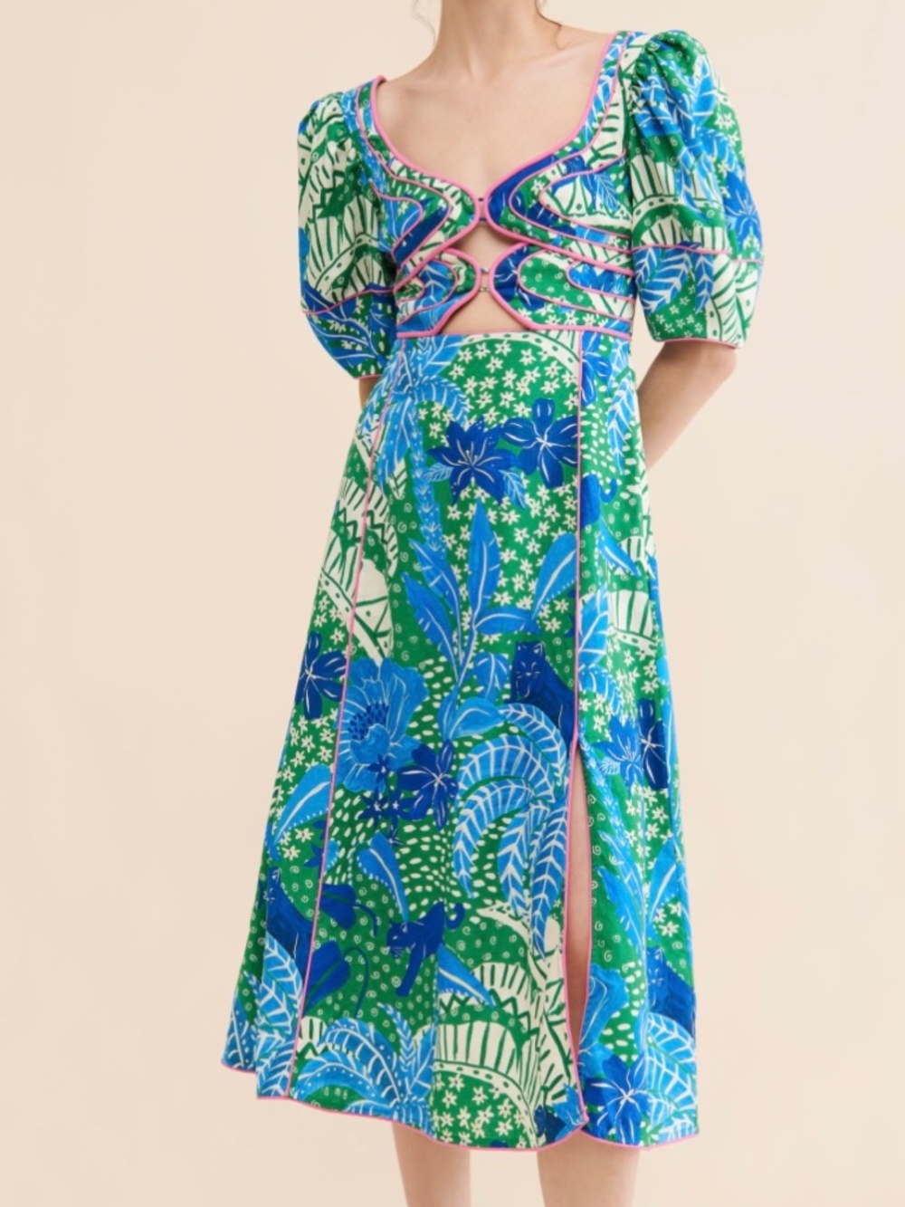 Farm Rio Jungle Panther Puff Sleeve Cutout Midi Dress Green Sweetheart Neck